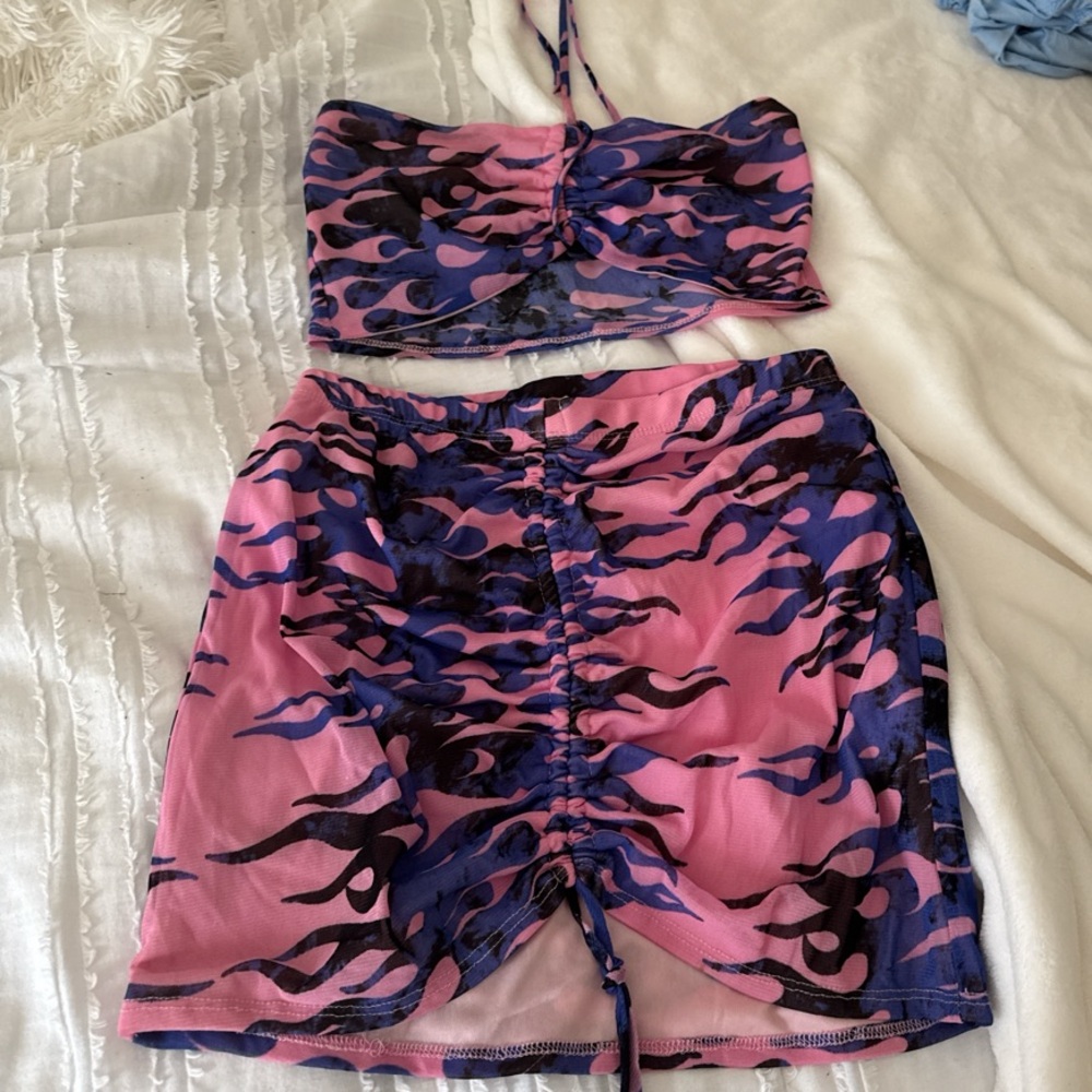 Trendy Pink and Blue Ruched Two-Piece Set